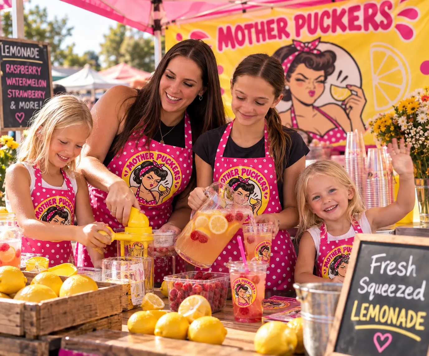 Two moms pouring lemonade at a farmers market stand